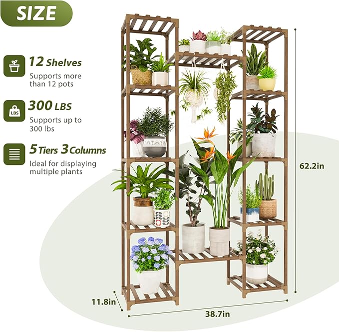 GENTINGBRO Plant Stand Indoor with Grow Lights for Indoor Plants 62.2'' Tall Plant Shelf 12 Tiers Sturdy Plant Rack for Plants Dispaly for Living Room Garden Patio Decor