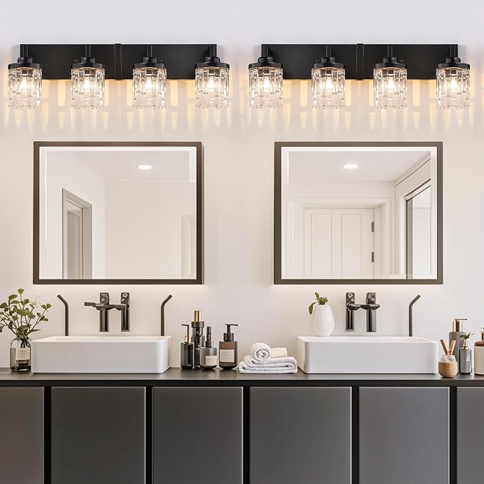 maesta Black Bathroom Light Fixture,4 Light Modern Vanity Light Over Mirror | Modern Vanity Light, Black Metal & Crystal Glass Fixture, Anti-Rust, Easy to Install for Bathroom Hallway Bedroom Entryway