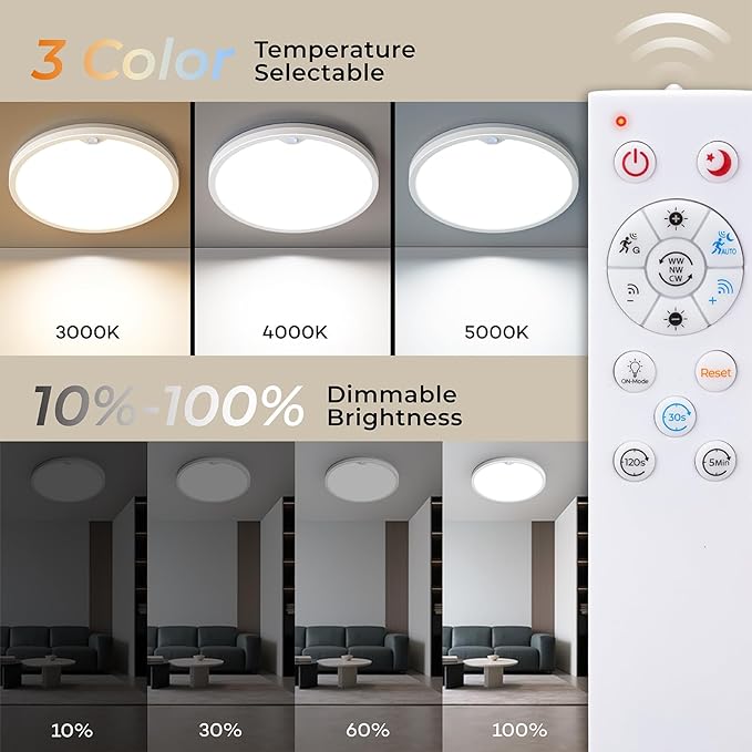 Annaror Wired Motion Sensor Ceiling Light Indoor with Remote 2400LM 12inch | 2000K Nightlight, 3000K 4000K 5000K, 24W Motion Activated Light with Timer for Hallway Closet Stairs White, Auto/ON/G