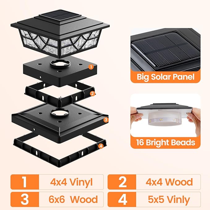 APONUO Solar Post Cap Lights 12 Pack for 4x4 5x5 6x6 Wood Vinyl Fences - IP64 Waterproof, Auto On/Off, Solar Powered Post Lights, Warm Cool White, Deck Patio Yard Decor, Black