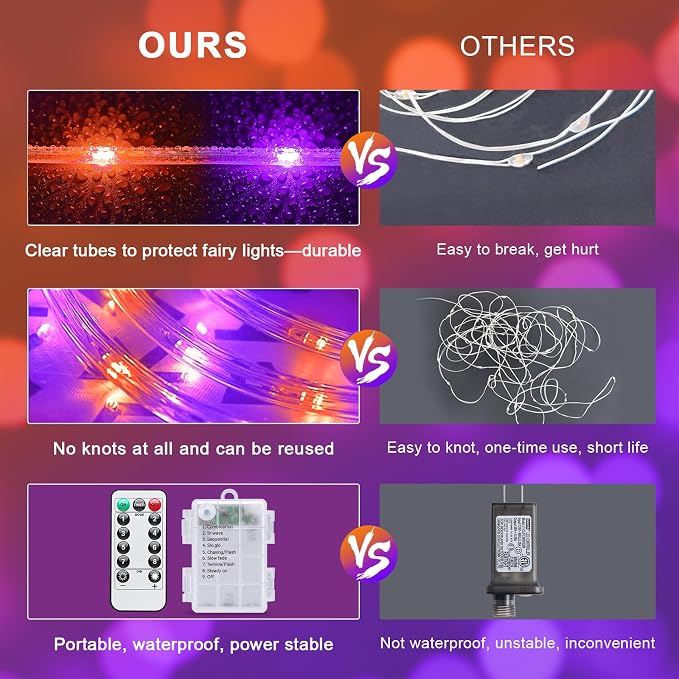 JMEXSUSS 2 Pack Orange and Purple Battery Operated Halloween String Lights | Total 200LED 8 Modes Remote Control Battery Powered Rope Lights Outdoor Waterproof for Halloween Decor