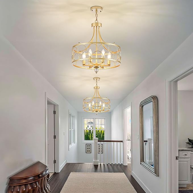 6-Light Gold Chandelier,18.1in Farmhouse Lantern Pendant Light Fixture,Adjustable Hanging Ceiling Lamp with E12 Socket,for Kitchen Island,Bedroom,Entryway,Dining Room