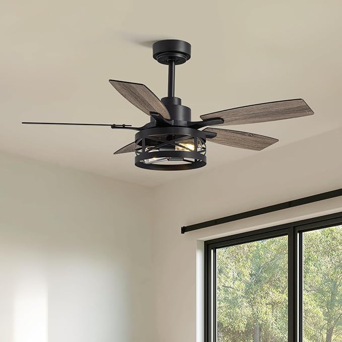 42-Inch Farmhouse Flush Mount Ceiling Fan with Light Vintage Wood-Grain Quiet High-Power APP + Remote. Ideal for Indoors Bedrooms, Living Rooms Patios.