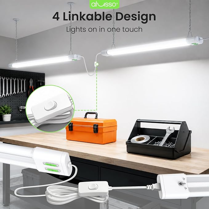 ALUSSO® 4FT LED Shop Lights, 6000LM 30W/45W/60W, 5CCT 2700K/3000K/4000K/5000K/6500K, 120V Utility Light Fixture for Garage, Hanging or Surface Mount, Linkable LED Workbench Light with Plug, 4 Pack