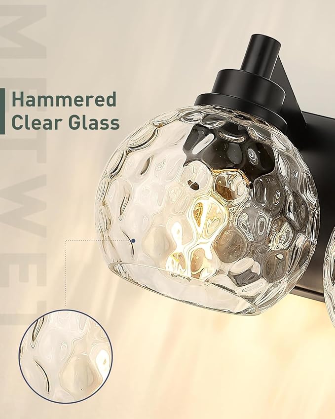 5-Light Black Bathroom Vanity Light, Hammered Glass Globe Shade | 32 Inch matte black modern bathroom light fixture over mirror, UL listed, E26 bulbs, hardwired, upward only, VL200-MB-CL-5