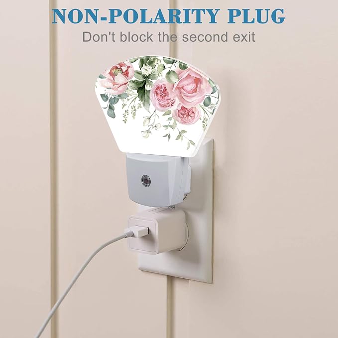 Watercolor Pink Flowers Night Light Plug into Wall, Pink Roses Night Light with Dusk to Dawn Sensor for Kid Girls Boys Women Men Room, Hallway, Kitchen, Bathroom, Stairs Decor