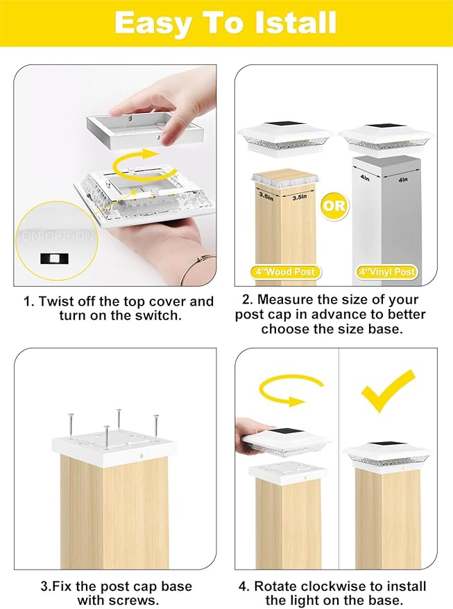T-SUN 4x4 Post Cap Lights 6 Pack for Vinyl/Wooden Fence,Outdoor Waterproof Warm & Cool White, Deck Solar Post Lights for Patio Garden Yard Lighting