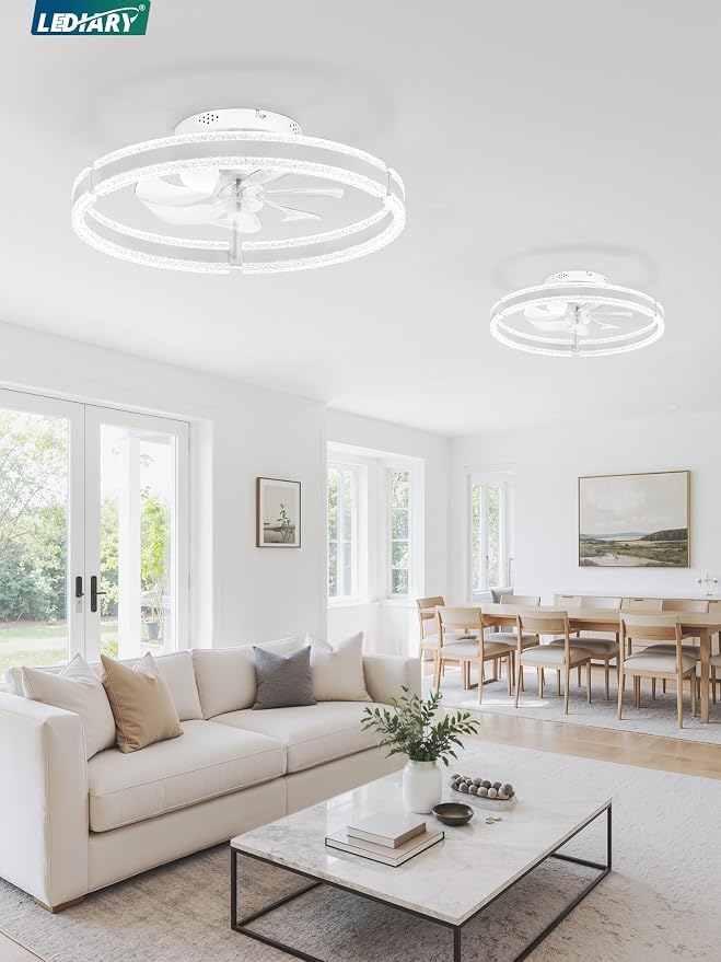 LEDIARY 20'' Low Profile Ceiling Fans with Lights and Remote, White, 2 Pack | 3000-6000K Dimmable LED, 6 Wind Speeds, Quiet Reversible DC Motor, Small Flush Mount Fandelier for Bedroom, Living Room