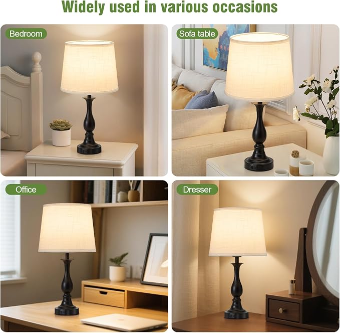 Bedside Table Lamp Touch Control Bedroom Lamps with USB A + C Charging Port 3 Way Dimmable Touch Lamps for Nightstand Living Room Bedroom Dorm Home Office Reading, Set of 2 (White Shade & Black Base)