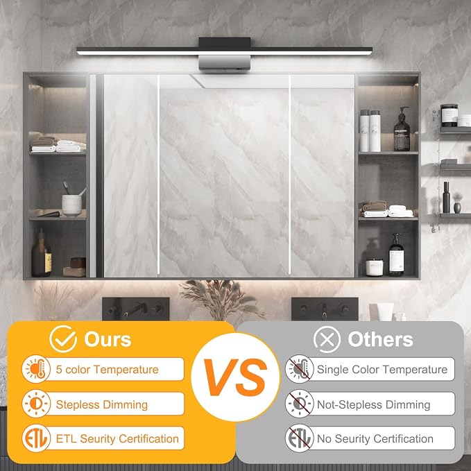 Ralbay 5 Color Temperature Dimmable Black Bathroom Vanity Light Bar 40inch Acrylic LED Modern Matte Black Bathroom Wall Lighting Fixtures Over Mirror
