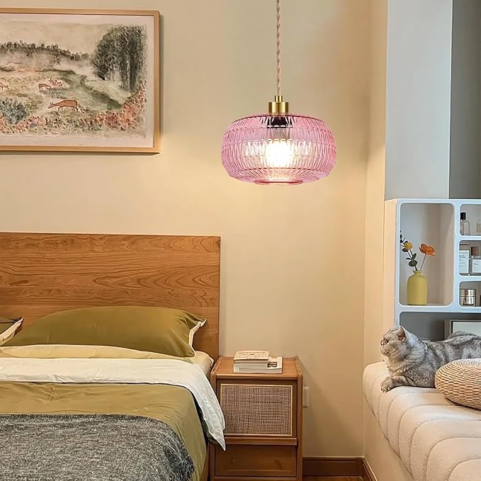 Pink Plug in Pendant Light Hanging Lights with Plug in Cord Boho Hanging Lamp Glass Gold Mid Century Modern Vintage Dimmable Flower Plug in Chandelier Ceiling Fixture for Living Room,Kitchen