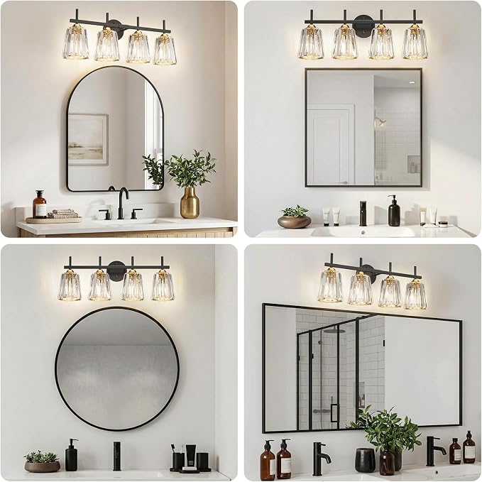 Crystal Bathroom Light Fixtures Over Mirror, Black Gold 4-Light Bathroom Vanity Lights Over Mirror Modern Wall Lighting Sconces with Ceramic E26 Base (Bulbs Not Include)