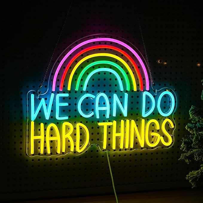 We Can Do Hard Things Neon Sign USB Powered Rainbow Neon Light for Wall Decor Colorful Dimmable LED Light Up Sign for Bedroom Classroom Party Practical Activity Title(16.3 * 12.4In)