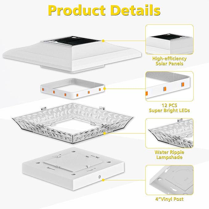 T-SUN 4x4 Solar Post Cap Lights Outdoor 12 Pack, Warm White LED Fence Post Solar Lights Fit for 4x4 Vinyl Posts, Waterproof Deck Light Solar Powered for Garden Patio Gate Porch