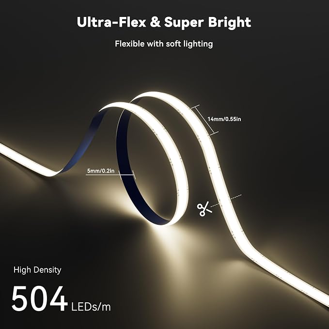 PAUTIX 5mm COB LED Strip Light 16.4ft/5m 4000K Natural White 504 LEDs/m,5000lm CRI90+ Super Bright DC24V Flexible LED Tape for Cabinet Home DIY Lighting Projects(Power Supply Not Included)
