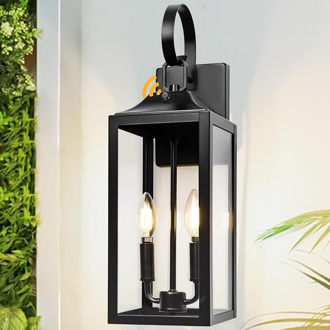 19" Large Dusk to Dawn Outdoor Wall Lantern 2-Light, Modern Porch Lights | Waterproof Exterior Lighting Fixtures with Clear Glass, Farmhouse Outside Sconces Outdoor Lights for House, Black, 1-Pack
