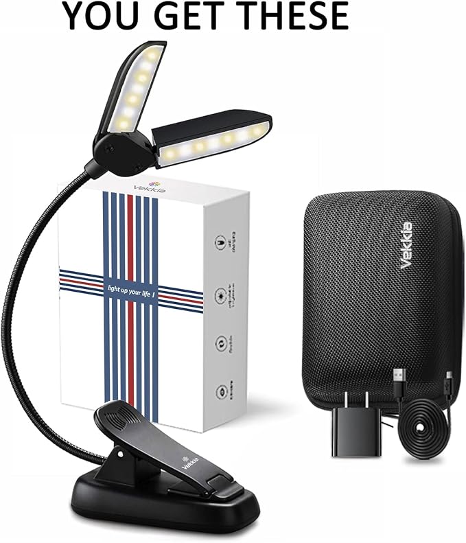 Vekkia 14 LED Book Light with Charger & Travel Case | Cover Both Page, Warm/White Reading Light with Clamp/Lightweight Eye Care Book Lamp/Great for Readers