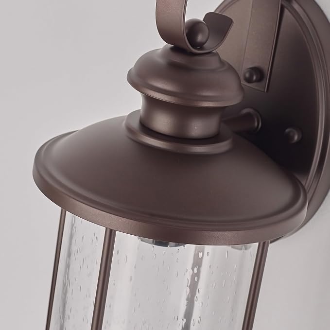 MICSIU 13.75" Bronze Vintage Farmhouse Round Outdoor Wall Light 2 Pack | 100W Max, Clear Seedy Glass, Exterior Porch Sconce for House, Garage, Front Door, Deck