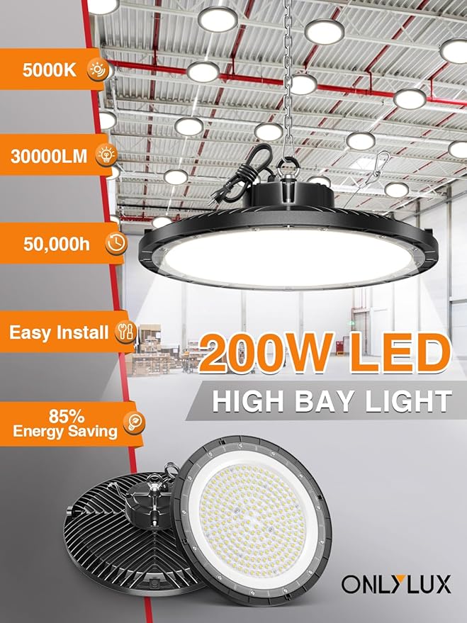 UFO High Bay Light 200W 5000K 30000LM 150LM/W (Eqv.800W Mh/Hps/Hid) Including Safe Rope and Plug 5ft Cable Shop Lights for Garage led Super Bright, Easy Install High Bay Lights 10Pack