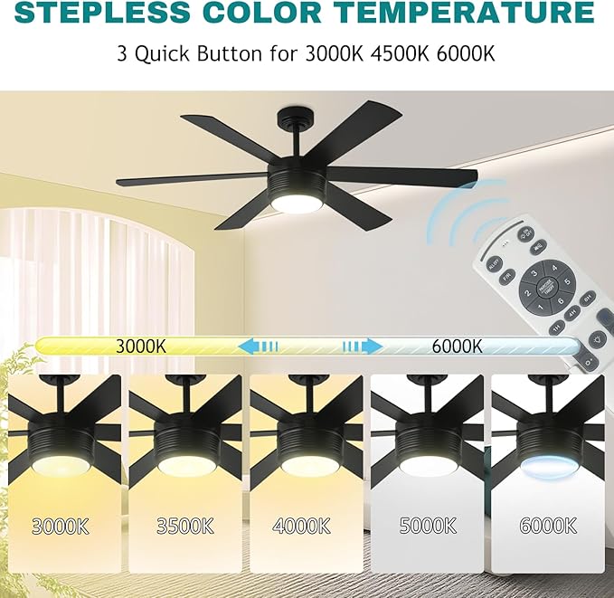 SHOWDI Ceiling Fan with Lights and Remote, 6 Blade App Control Timer Reversible Stepless Brightness and Color Temperature Outdoor Wood Ceiling Fan with Lights (Black, 56 Inch)