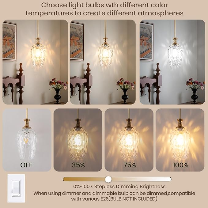 Modern Gold Pendant Lights, Adjustable Kitchen Island Pendant Lighting Fixtures with Clear Glass Shade, Hanging Light for Dining Room, Bedroom & Home Decor (Bulbs Not Included) 2 Pack