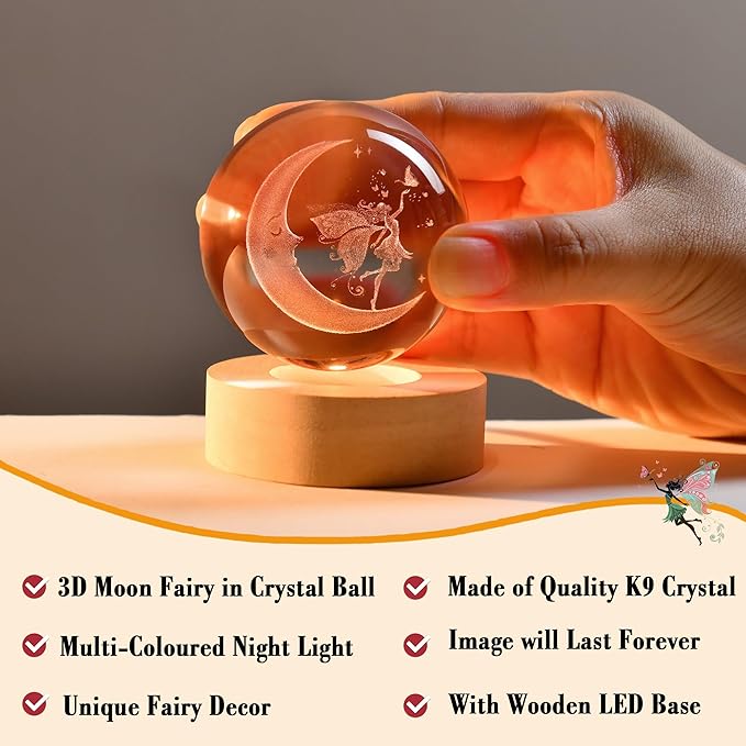 IFOLAINA Moon Fairy Crystal Ball Fairy Gifts for Girls Her Fairy Lovers Birthday Gifts for Daughters 3D Crystal Fairy Sphere Lamp Decorative Fairy Figurine Home Decor