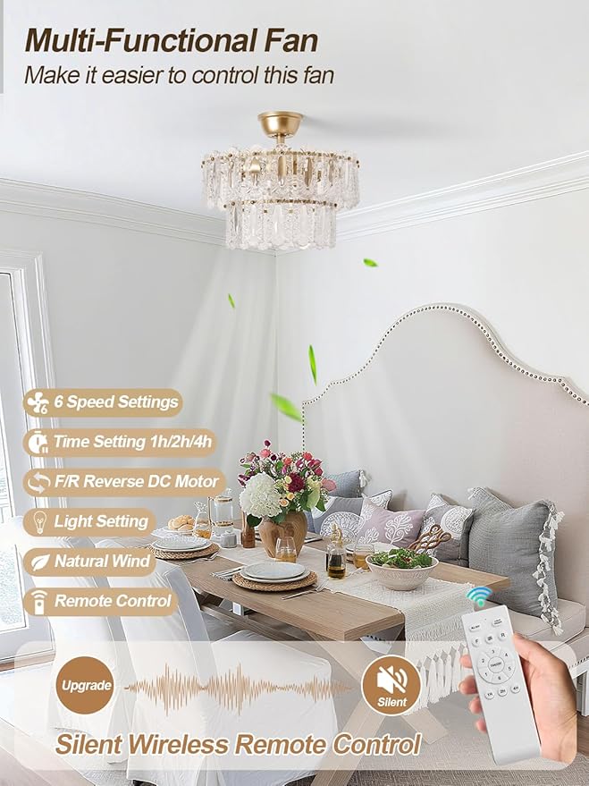 Gold Crystal Fandelier Ceiling Fan with Light, 20" Caged Chandelier Ceiling Fan with Light Remote Control, Mid-Century Enclosed 6 Speeds for Bedroom, Nursery, Living Room, Foyer