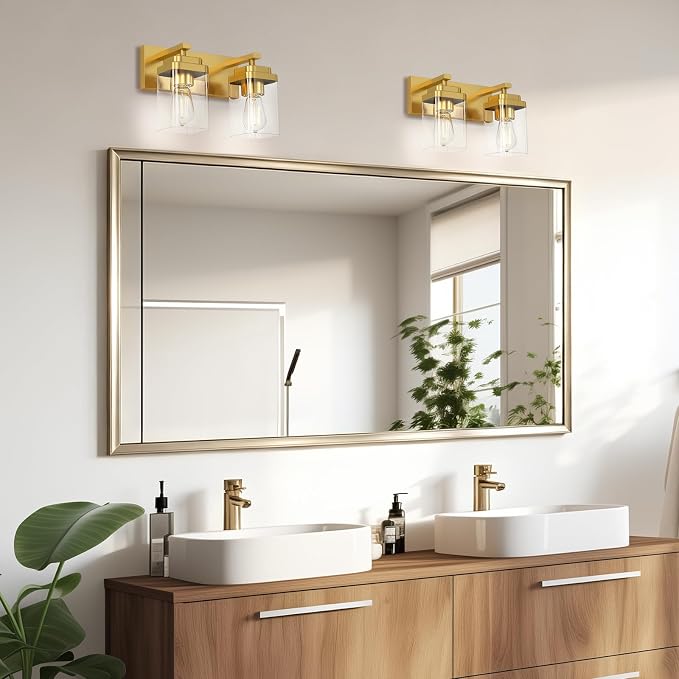 Brushed Gold Bathroom Light Fixtures, 2 Lights Bathroom Lighting Fixtures Over Mirror, Square Design & Rectangle Large Backplate, Modern Vanity Lighting Fixtures, for Living Room/Bedroom
