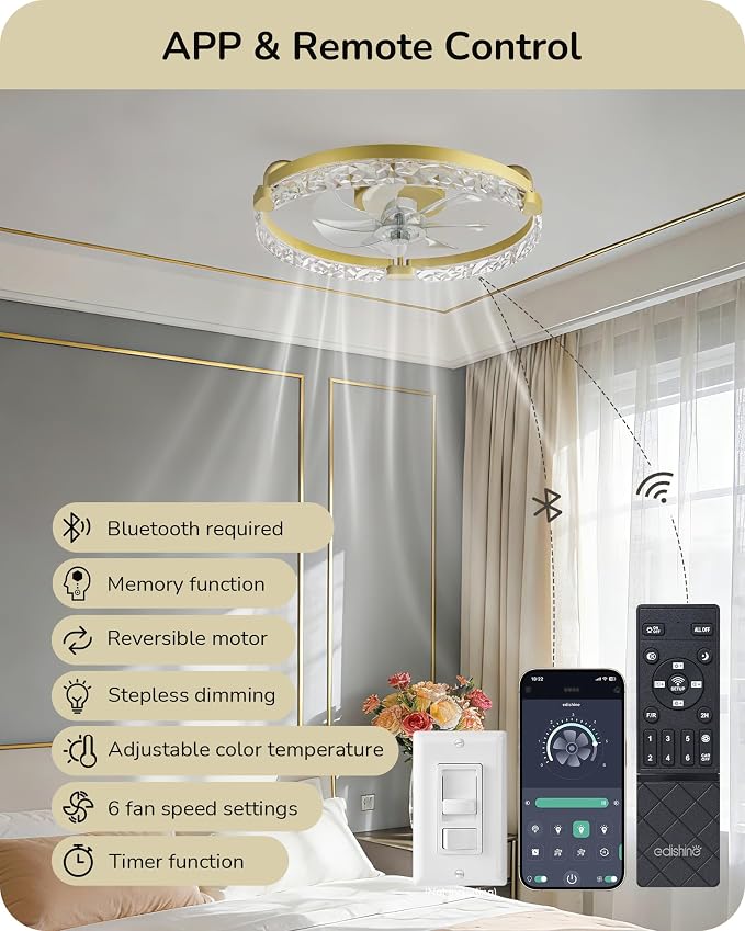 EDISHINE Ceiling Fans with Lights, 20'' Low Profile Flush Mount Fandelier | 3000-6000K Dimmable, 6 Speeds, App & Remote Control, DC Motor, LED Modern Bladeless Fan Light for Bedroom, Gold