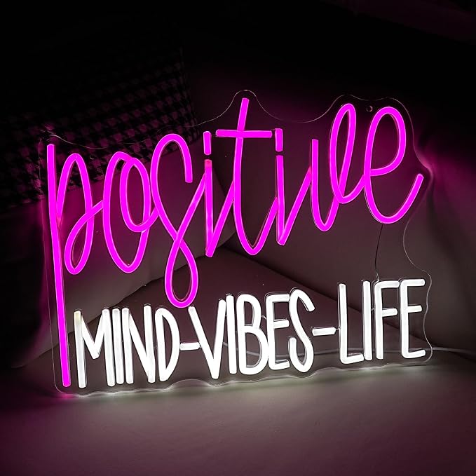 Positive Mind Vibes Life Neon Sign Pink White LED Neon Light for Wall Decor Dimmable Positive Light Up Sign for Classroon Office Girls Living Room Home Bar Club Salon (16.5''*12.6'')