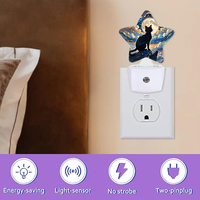 Black Cat Night Lights Plug Into Wall Decorative,Fantasy Moon Night Sleep Friendly Lamp, Energy Efficient Dusk-to-Dawn Sensor Nightlights for Kid Bedroom Nursery Bathroom