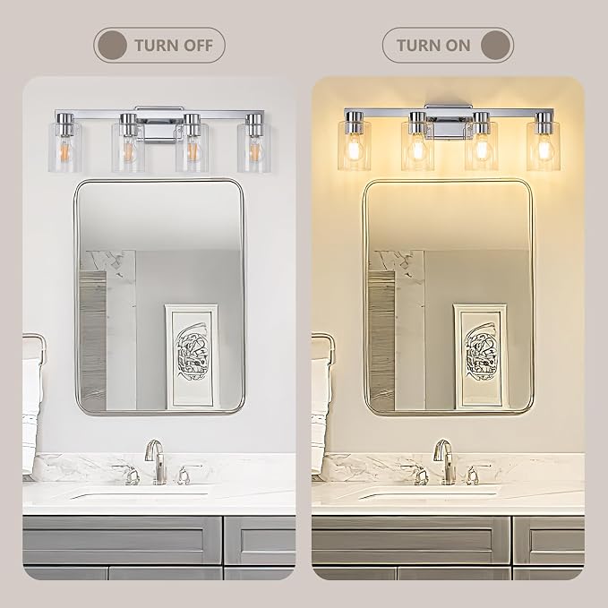 4-Light Bathroom Light Fixtures with Clear Glass, Chrome | Vanity Lights, Modern Wall Sconces, Over Mirror for Bathroom, Powder Room, Living Room