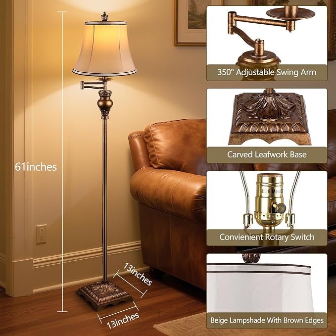 Vintage Floor Lamps for Living Room,Traditional 350° Adjustable Swing Arm Farmhouse Floor Lamp for Bedroom, Rustic Standing Lamp Pole Lamps for Reading, Home Décor and Office,Bronze Gold