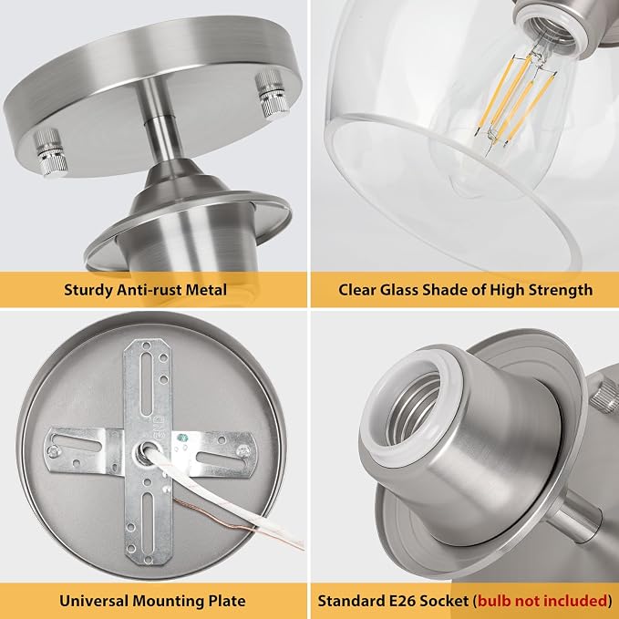 Modern Semi Flush Mount Ceiling Light Fixture, Brushed Nickel | Clear Glass Shade, Quick & Easy Installation, Premium Quality, Perfect for Hallway Kitchen Entryway Laundry