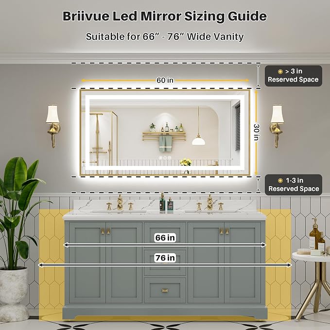 60x30 Inch LED Bathroom Mirror with Gold Frame, Backlit & Front Lit | Anti-fog, 3 Color Dimmable, Memory Function, HD Reflection Tempered Glass, ETL Listed, IP54 Waterproof