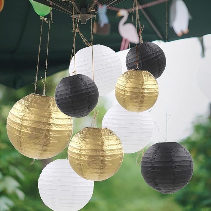 Black Gold and White Paper Lanterns 12Pcs Hanging Round Paper Lanterns Decorative for New Years Decorations Graduation Baby Shower Wedding Birthday Family Parties ﻿