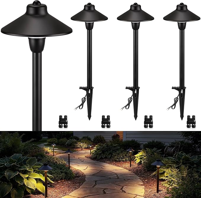 SUNVIE 4-Pack 6" Low Voltage Pathway Lights 3W Aluminum 3000K Black | Landscape Pathway Lights, 150lm, Warm White, 12-24V AC/DC, ETL Listed Wire, IP65 Waterproof, for Outdoor Driveway Garden Yard