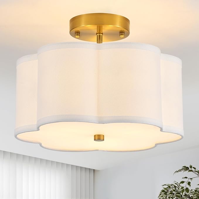 12.9" Gold Semi Flush Mount Ceiling Light, Linen 3-Light Fixture | White Linen Petal Shade, Modern Gold Style For Bedroom, Hallway,Dining, Bedroom,Laundry; Close-To-Ceiling, E26, Easy Install