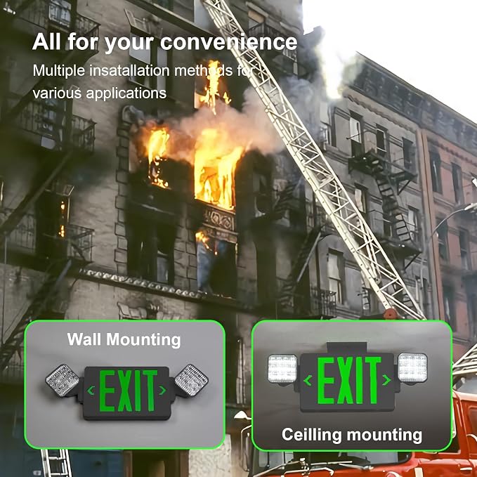Black Green LED Exit Sign Emergency Light Combo, UL Listed Battery Backup | UL-listed commercial fire exit sign features 90-min battery backup, 360° rotating dual heads, and easy dual-mount setup.