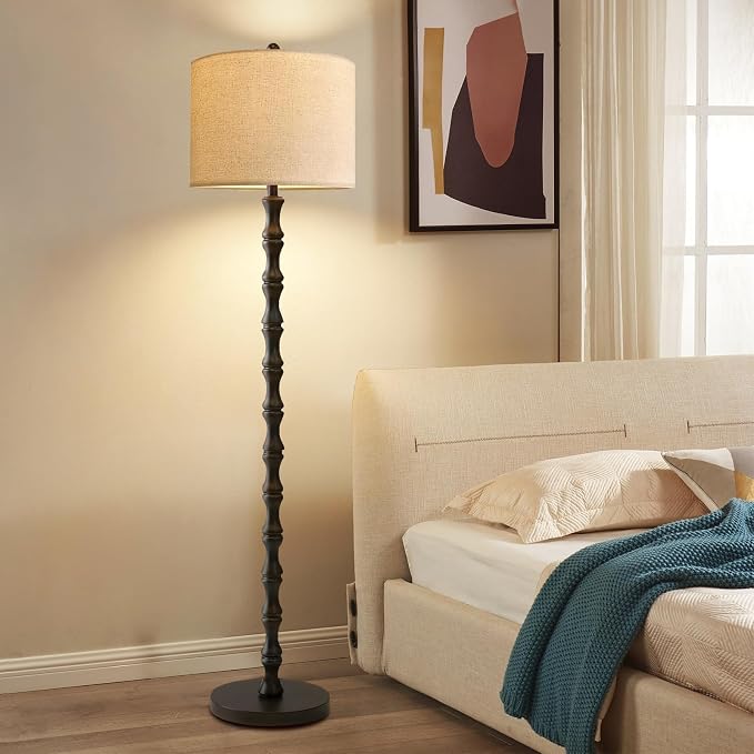Wood Floor Lamps for Living Room Rattan Floor Lamp with Remote Control& 3 Color Temperature,Dimmable Rustic Floor Lamp Black Mid Century Modern Standing Lamp Tall Farmhouse Floor Lamp For Bedroom