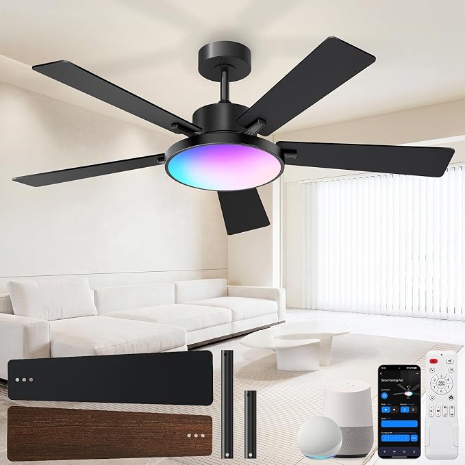 RGBCW Smart 52" 2600LM LED Ceiling Fan Light with Remote, Black | Alexa/Google/App Control, Reversible DC Motor, 6 Speeds & 2 Fan Modes, Dimmable, Quiet Fan for Bedroom, Living & Gaming Room