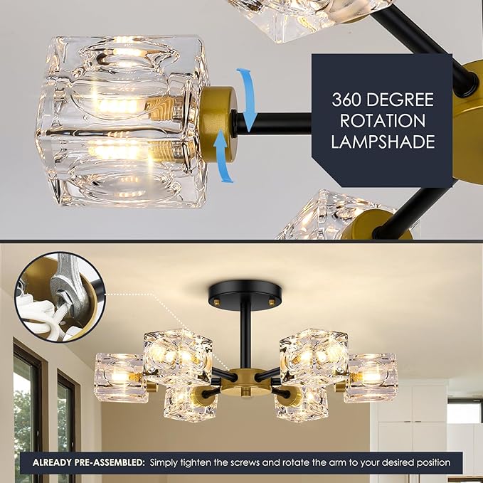 Black Modern Chandelier, 6-Light Crystal Semi Flush Mount Ceiling Light Fixture, 17.3" Farmhouse Kitchen Pendant Light with Cube Shade, Industrial Sputnik Chandeliers for Dining Room, Bedroom