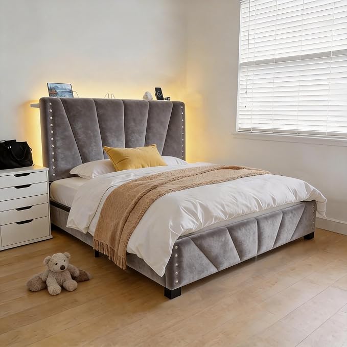 EnHomee Twin Bed Frame with LED Lights & USB, Noise-Free, Grey | Adjustable Velvet Headboard，Under-Bed Storage，Heavy Duty Support with 12 Slats，No Box Spring Needed，Easy Assembly for Bedroom