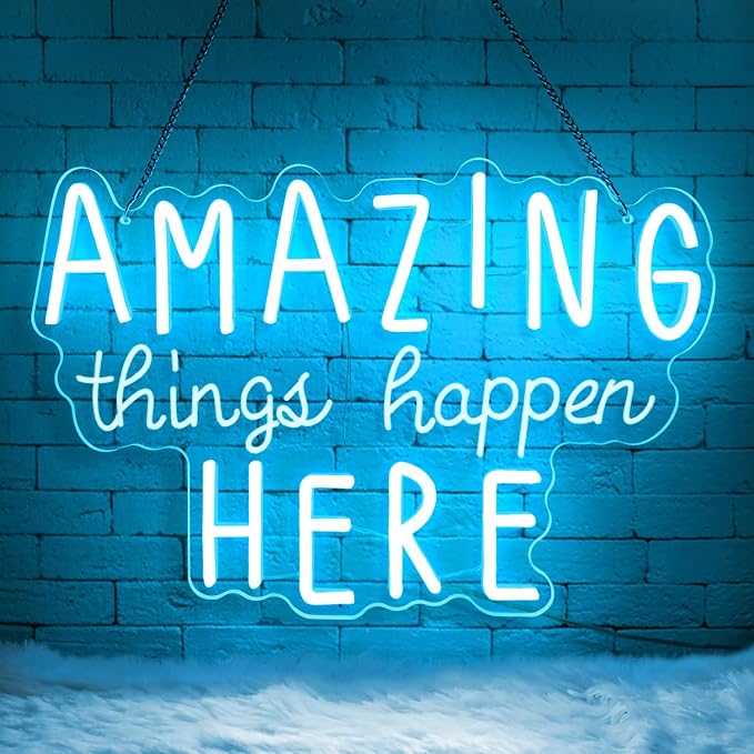 Amazing Things Happen Here Neon Sign – LED Neon Wall Decor with USB Power & Dimmable Brightness, Motivational Neon Light Sign for Bedroom,Office,Classroom,Inspirational Room Decor