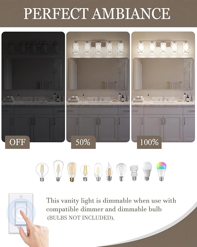 5-Light Brushed Gold Bathroom Light Fixtures Over Mirror, 42" UL-Listed Modern Wall Sconce Lights with Frosted Milk White Glass and Metal Cage for Bath, Hardwire E26, CH9176BNW-5W