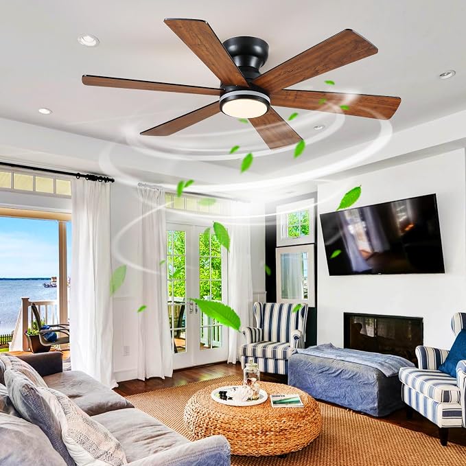 46" 6-Blade Brown Low Profile RGB Ceiling Fan with Light and Remote/APP | 11 RGB Modes,Reversible 6 Wind Speeds,Dimmable 3 CCT LED, 25W Quiet DC Motor,Timer,6 Double-Sided Blades,for Kidsroom Party