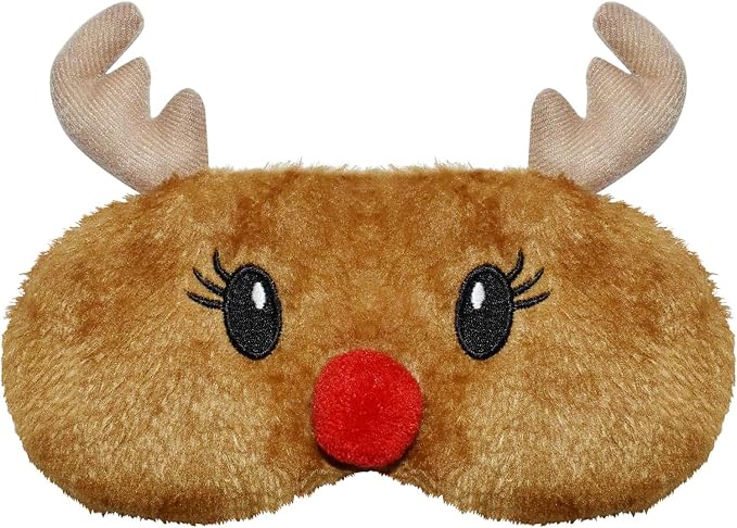 Christmas Reindeer Sleep Mask Cute Antler Eye Masks Sleeping Soft Plush Cartoon Blindfold Funny Animal Eye Cover Xmas Presents for Women Men (Xmas Reindeer,Brown)