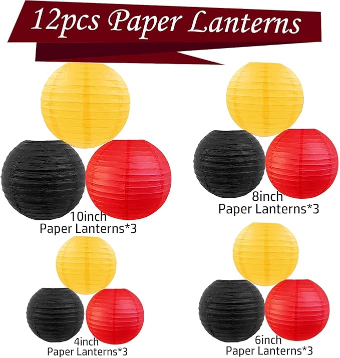 Red -Yellow and Black Paper Lanterns 12Pcs Hanging Lanterns for Birthday Party, Wedding, Home Decor, Baby Shower Festive Decoration