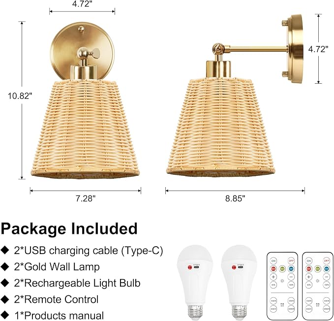 Frideko Rattan Rechargeable Battery Operated Wall Sconces Set of Two with Remote, 3 Colors Dimmable Wireless Wall Light, 5200mAh Indoor Wall Lamp with 4 Timer, Boho Sconces Wall Lighting for Bedroom