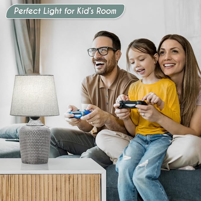 11.8’’ Small Table Lamps Set of 2 for Bedroom Kid’s Room Home Office, Gray | Cute & Unique, Perfect for Bedside Nightstand Desk Nursery Reading, Fabric Shade